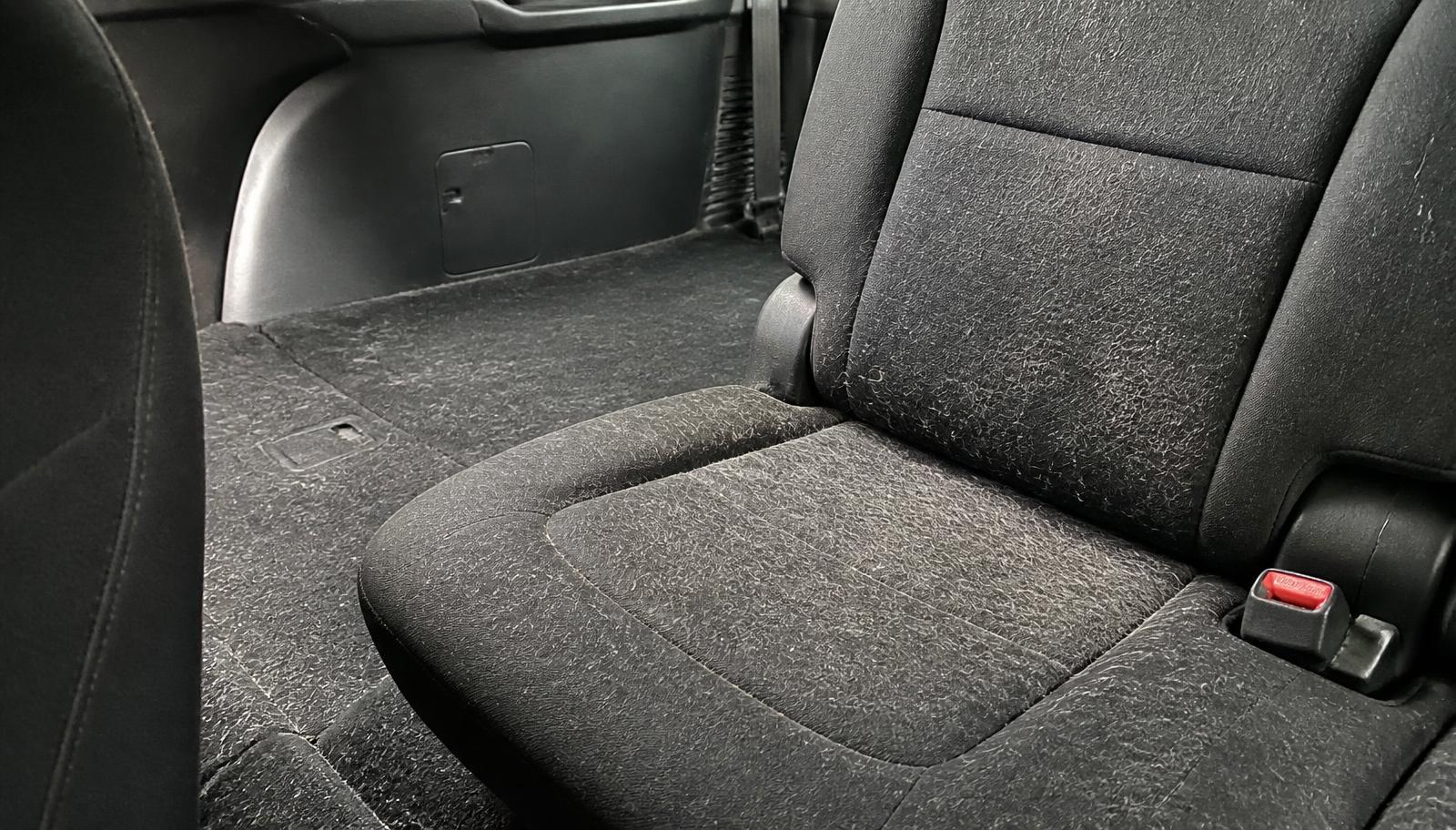 Dog hair deeply embedded in the cloth rear seat and cargo carpet of a family vehicle