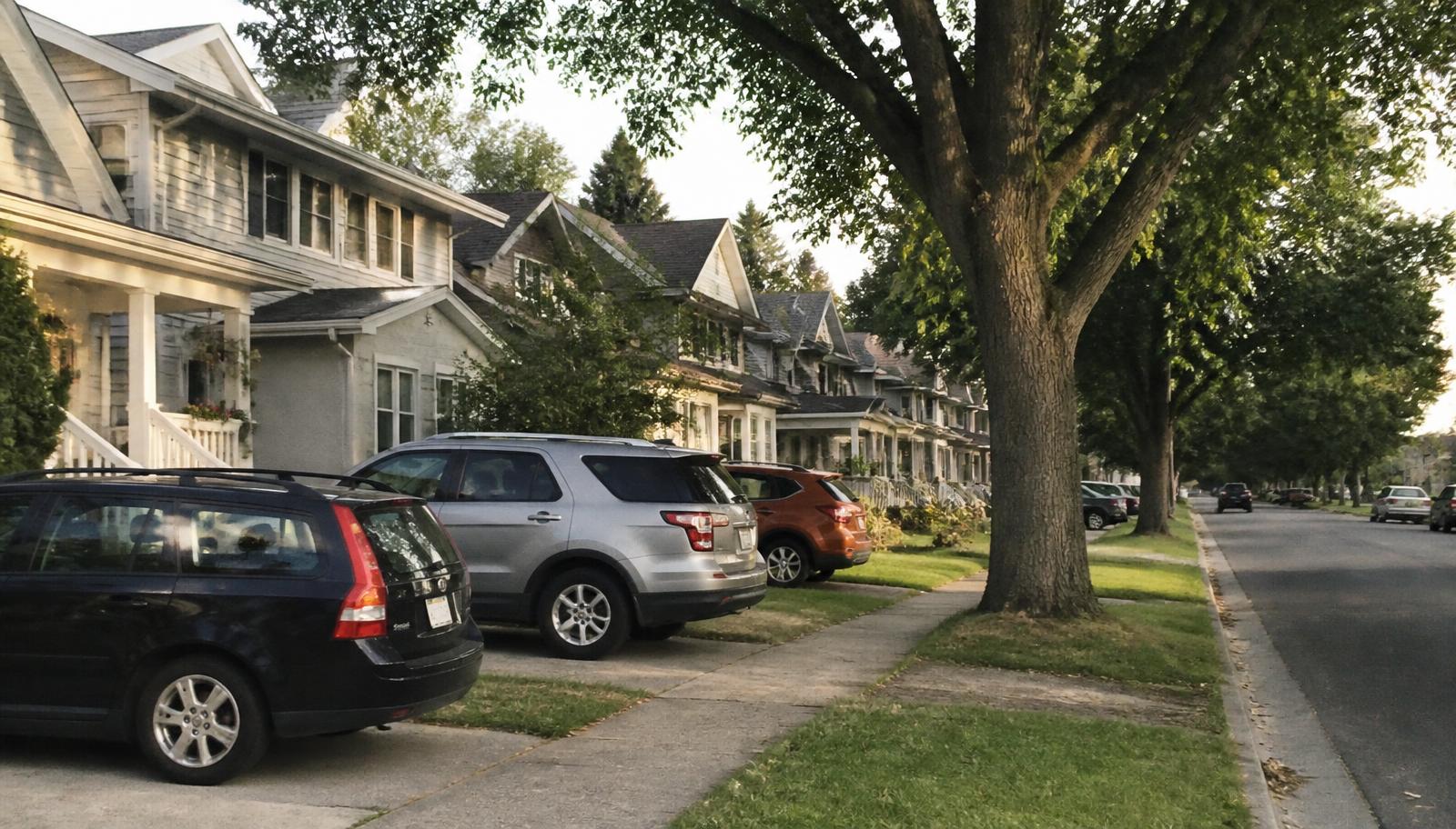 Tree-lined suburban Twin Cities street with vehicles parked in residential driveways